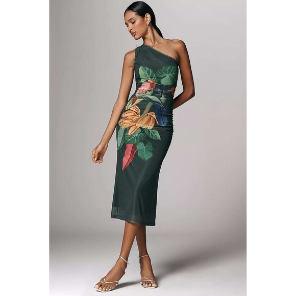 FARM Rio Dresses & Skirts - Farm Rio x Anthropologie Tropical One Shoulder Ruched Mesh Midi Dress L NWT